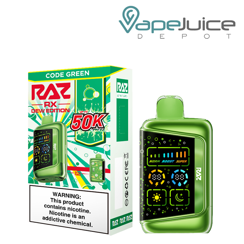 A Box of Code Green RAZ RX 50K Dew Edition Disposable with a warning sign and a disposable next to it - Vape Juice Depot
