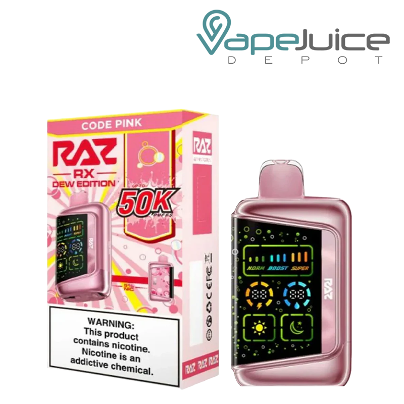 A Box of Code Pink RAZ RX 50K Dew Edition Disposable with a warning sign and a disposable next to it - Vape Juice Depot