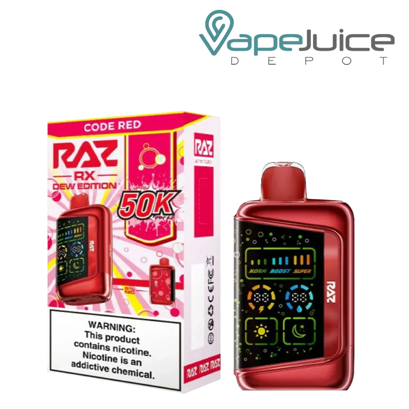 A Box of Code Red RAZ RX 50K Dew Edition Disposable with a warning sign and a disposable next to it - Vape Juice Depot