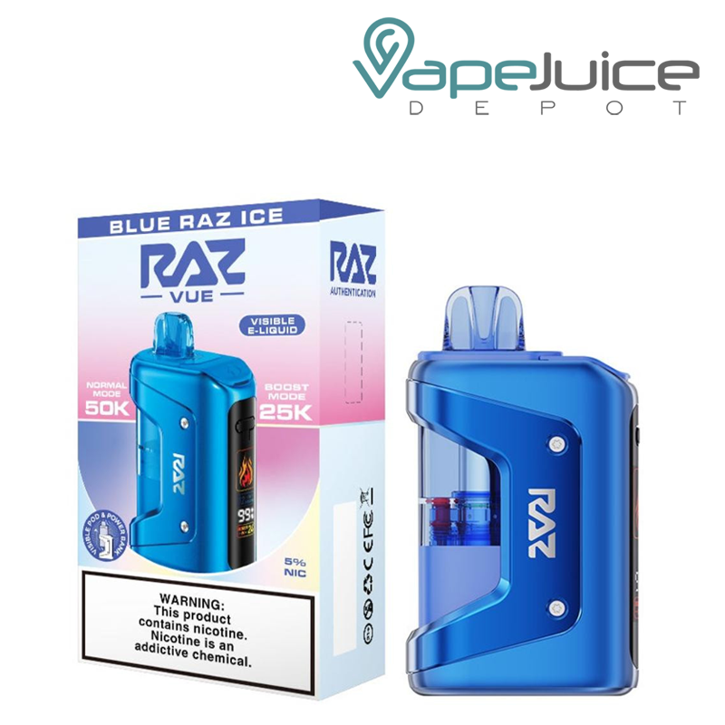 A Box of Blue Raz Ice RAZ Vue 50K Disposable Kit with a warning sign and a device next to it - Vape Juice Depot