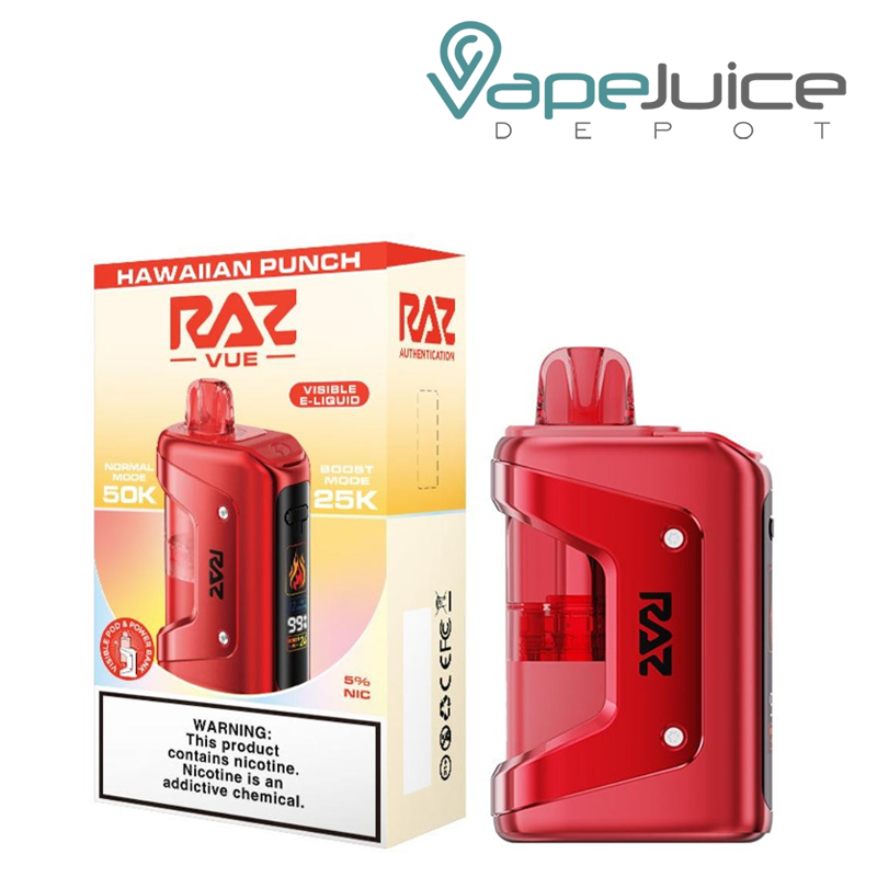 A Box of Hawaiian Punch RAZ Vue 50K Disposable Kit with a warning sign and a device next to it - Vape Juice Depot