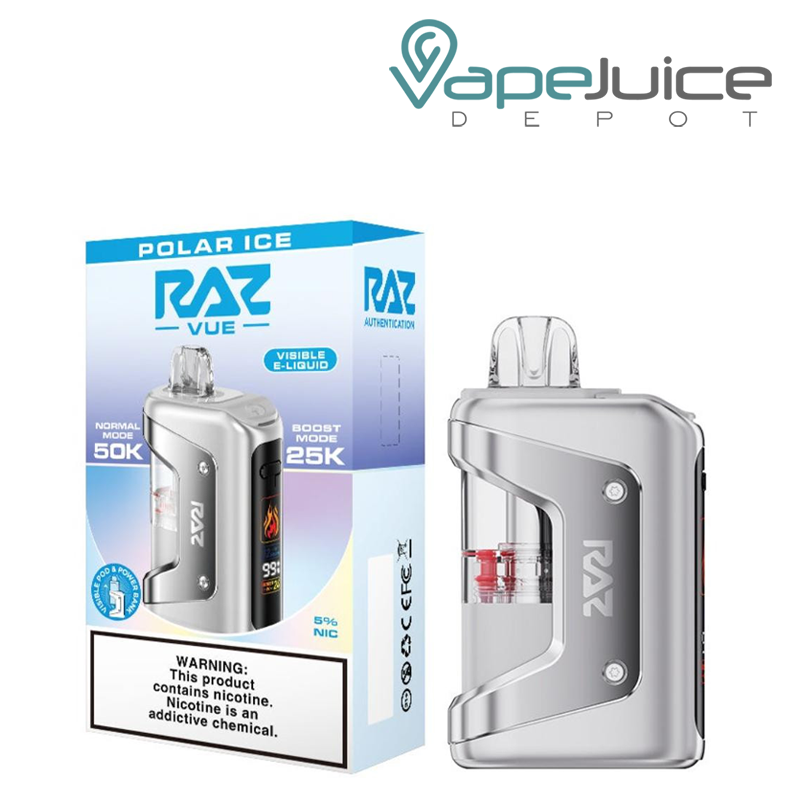 A Box of Polar Ice RAZ Vue 50K Disposable Kit with a warning sign and a device next to it - Vape Juice Depot