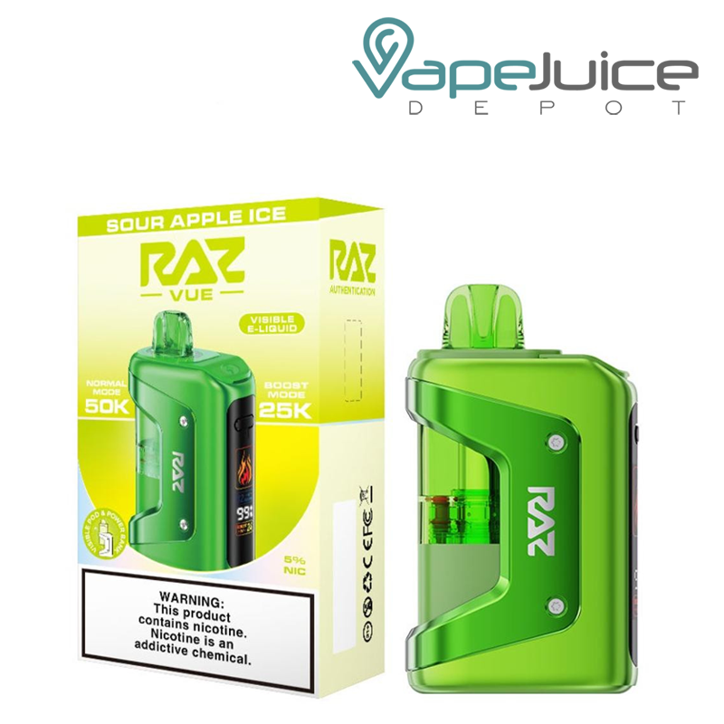 A Box of Sour Apple Ice RAZ Vue 50K Disposable Kit with a warning sign and a device next to it - Vape Juice Depot