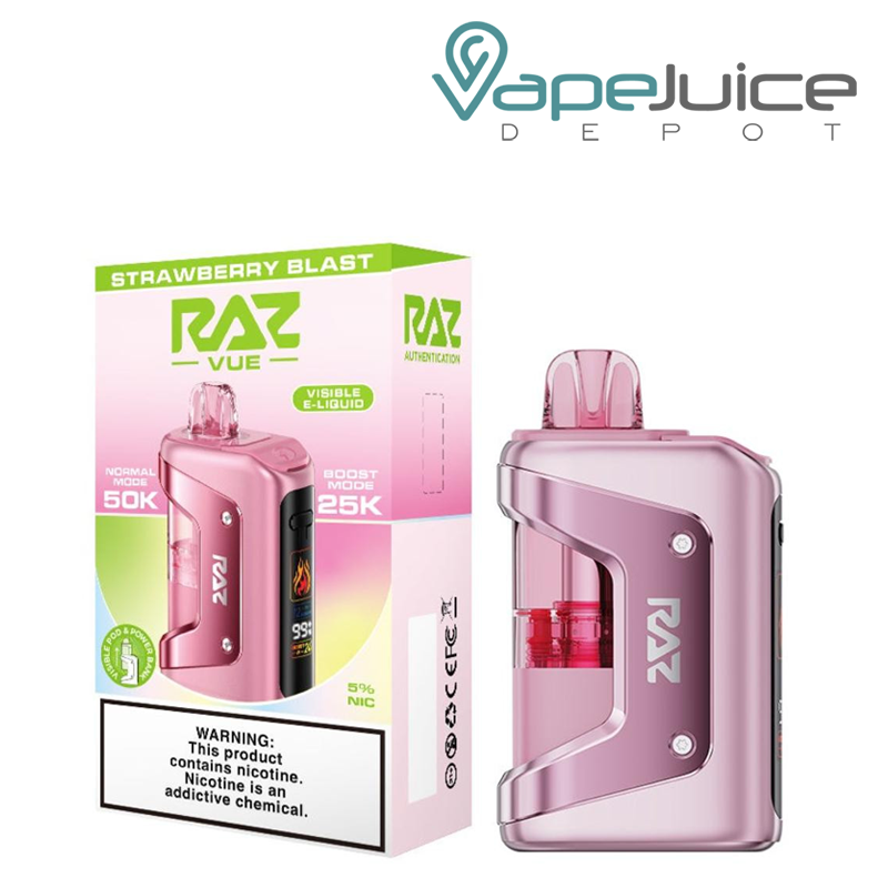 A Box of Strawberry Blast RAZ Vue 50K Disposable Kit with a warning sign and a device next to it - Vape Juice Depot