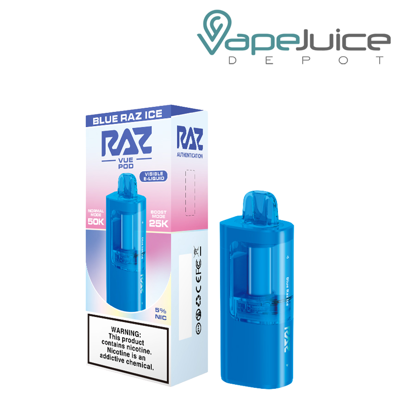 A Box of Blue Raz Ice RAZ Vue 50K Disposable Pod with a warning sign and a pod next to it - Vape Juice Depot