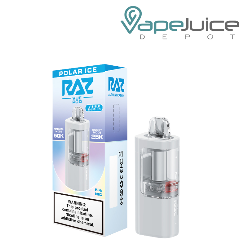 A Box of Polar Ice RAZ Vue 50K Disposable Pod with a warning sign and a pod next to it - Vape Juice Depot