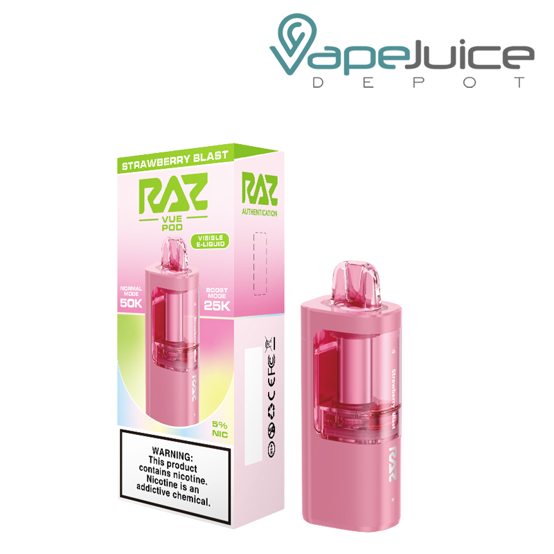 A Box of Strawberry Blast RAZ Vue 50K Disposable Pod with a warning sign and a pod next to it - Vape Juice Depot