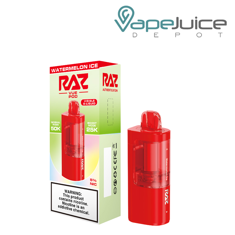 A Box of Watermelon Ice RAZ Vue 50K Disposable Pod with a warning sign and a pod next to it - Vape Juice Depot