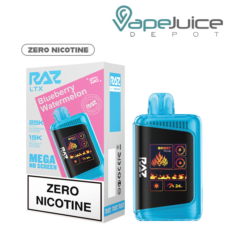 A Box of Blueberry Watermelon RAZ LTX 25K Zero Nicotine Disposable and a disposable with HD screen next to it - Vape Juice Depot