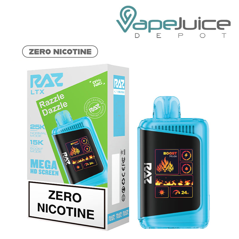 A Box of Razzle Dazzle RAZ LTX 25K Zero Nicotine Disposable and a disposable with HD screen next to it - Vape Juice Depot