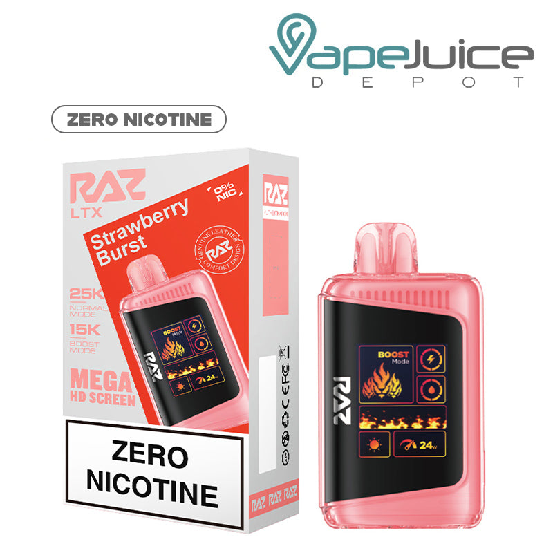 A Box of Strawberry Buts RAZ LTX 25K Zero Nicotine Disposable and a disposable with HD screen next to it - Vape Juice Depot