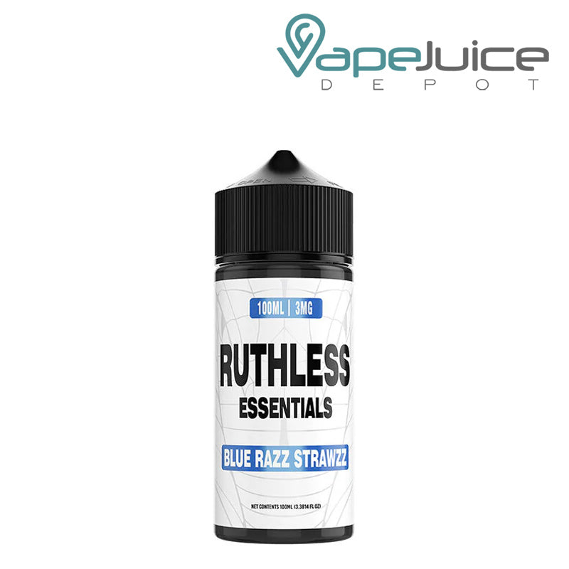 A 100ml bottle of Blue Razz Strawzz Ruthless Essentials Edition - Vape Juice Depot