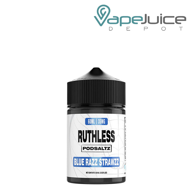 A 60ml bottle of Blue Razz Strawzz Ruthless Essentials PodSaltz - Vape Juice Depot