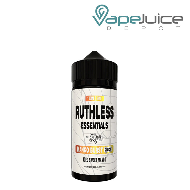 A 100ml bottle of Mango Burst On Ice Ruthless Essentials Edition - Vape Juice Depot