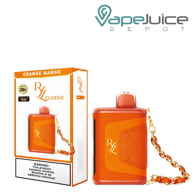 The Box of Orange Mango Ice RAZ RYL Classic 35K Disposable with a warning sign next to its device- Vape Juice Depot