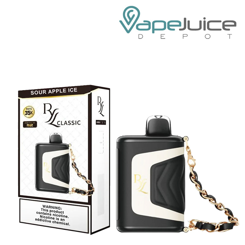 The Box of Sour Apple Ice RAZ RYL Classic 35K Disposable with a warning sign next to its device- Vape Juice Depot