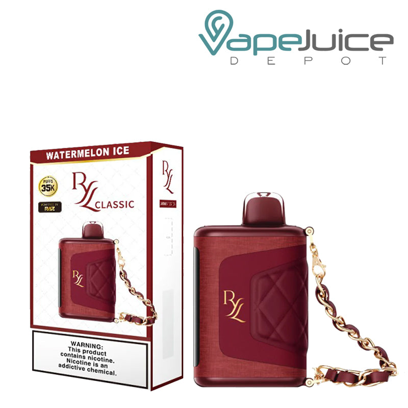 The Box of Watermelon Ice RAZ RYL Classic 35K Disposable with a warning sign next to its device- Vape Juice Depot