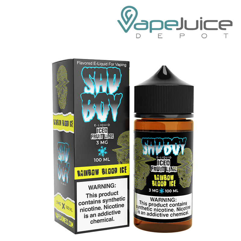 A box of Rainbow Blood Ice SadBoy eLiquid 100ml with a warning sign and a 100ml bottle next to it - Vape Juice Depot