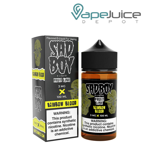 A box of Rainbow Blood SadBoy eLiquid with a warning sign and a 100ml bottle next to it - Vape Juice Depot