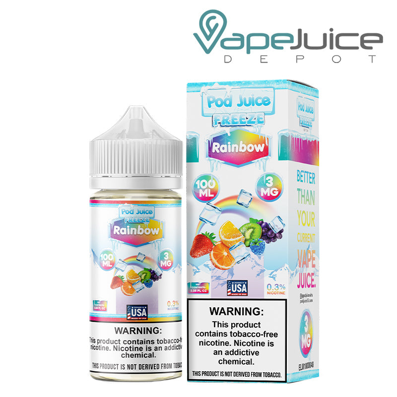 A 100ml bottle of Rainbow Freeze Pod Juice TFN with a warning sign and a box with a warning sign next to it - Vape Juice Depot