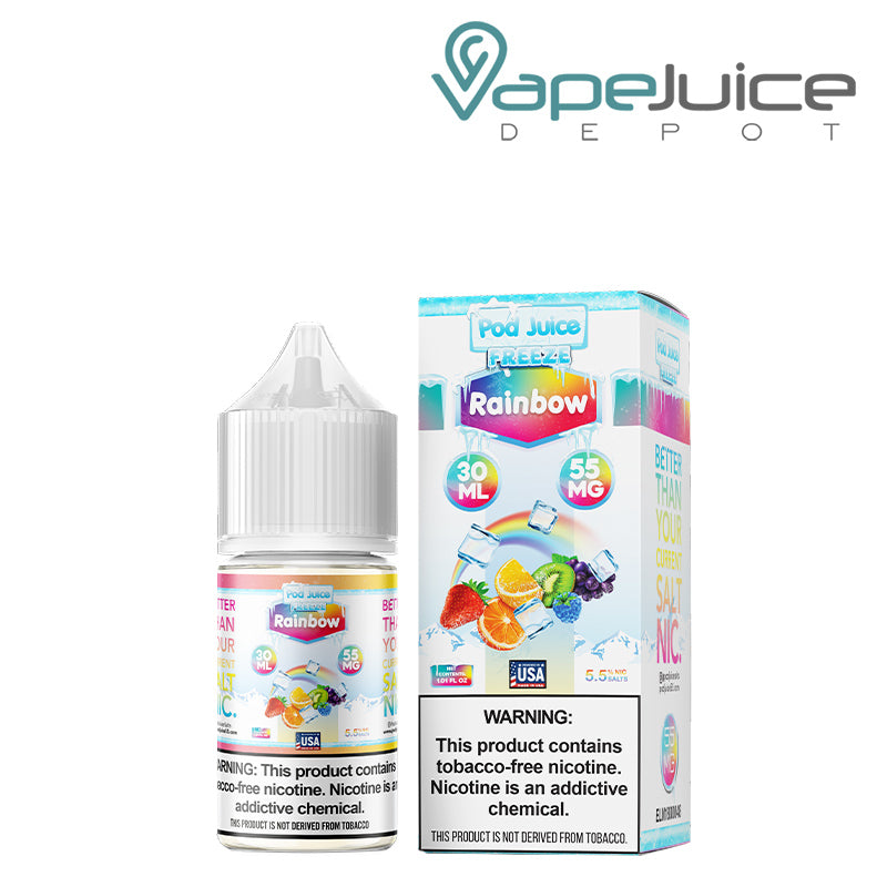 A 30ml bottle of Rainbow Freeze Pod Juice TFN Salt with a warning sign - Vape Juice Depot