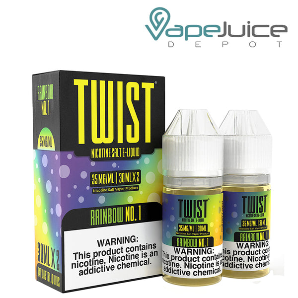 A box of Rainbow No 1 Twist Salt 35mg E-Liquid with a warning sign and two 30ml bottles next to it - Vape Juice Depot