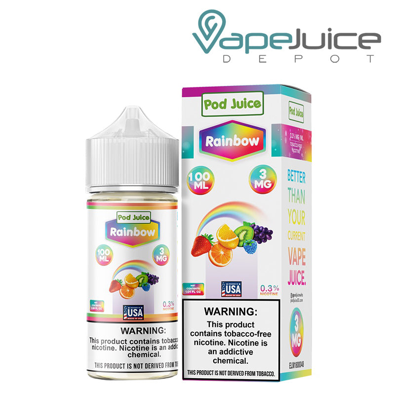 A 100ml bottle of Rainbow Pod Juice TFN with a warning sign and a box next to it - Vape Juice Depot