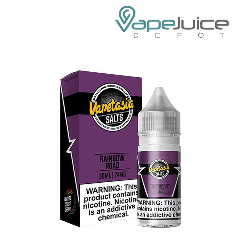 A box of Rainbow Road Vapetasia Salts with a warning sign and a 30ml bottle next to it - Vape Juice Depot