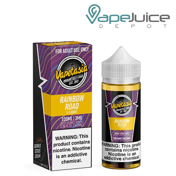 A box of Rainbow Road Vapetasia eLiquid with a warning sign and a 100ml bottle next to it - Vape Juice Depot