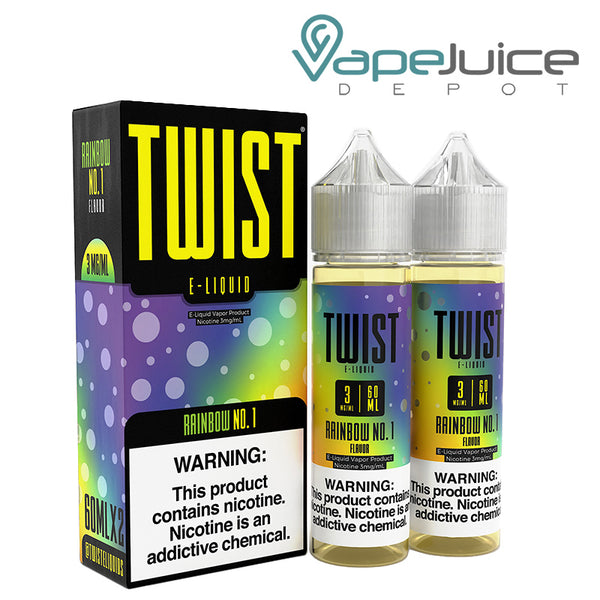 A box of Rainbow No 1 Twist 3mg E-Liquid with a warning sign and two 60ml bottles next to it - Vape Juice Depot