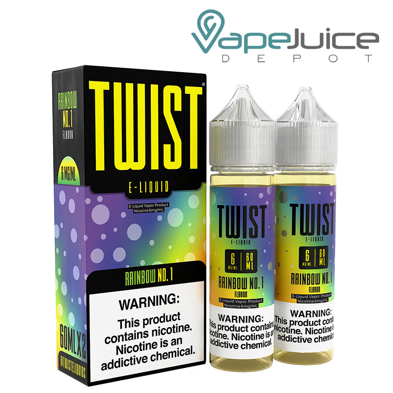 A box of Rainbow No 1 Twist 6mg E-Liquid with a warning sign and two 60ml bottles next to it - Vape Juice Depot