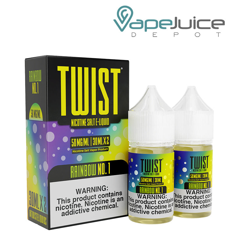 A box of Rainbow No 1 Twist Salt 50mg E-Liquid with a warning sign and two 30ml bottles next to it - Vape Juice Depot