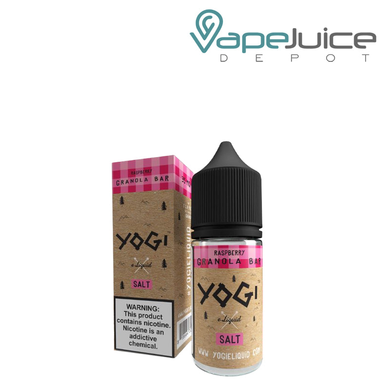 A box of Raspberry Granola Bar YOGI salt with a warning sign and a 30ml bottle next to it - Vape Juice Depot