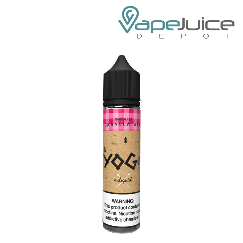 A 60ml bottle of Raspberry Granola Bar YOGI eLiquid with a warning sign - Vape Juice Depot