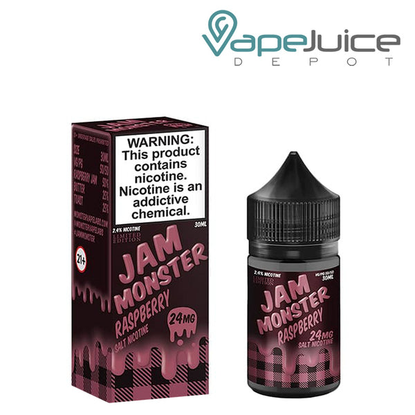 A box of Raspberry Jam Monster Salt with a warning sign and a 30ml bottle next to it - Vape Juice Depot