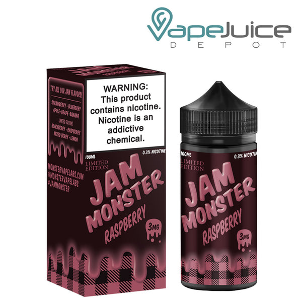 A box of Raspberry Jam Monster eLiquid with a warning sign and a 100ml bottle next to it - Vape Juice Depot