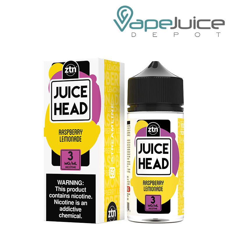 A box of 3mg Raspberry Lemonade Juice Head with a warning sign and a 100ml bottle next to it - Vape Juice Depot