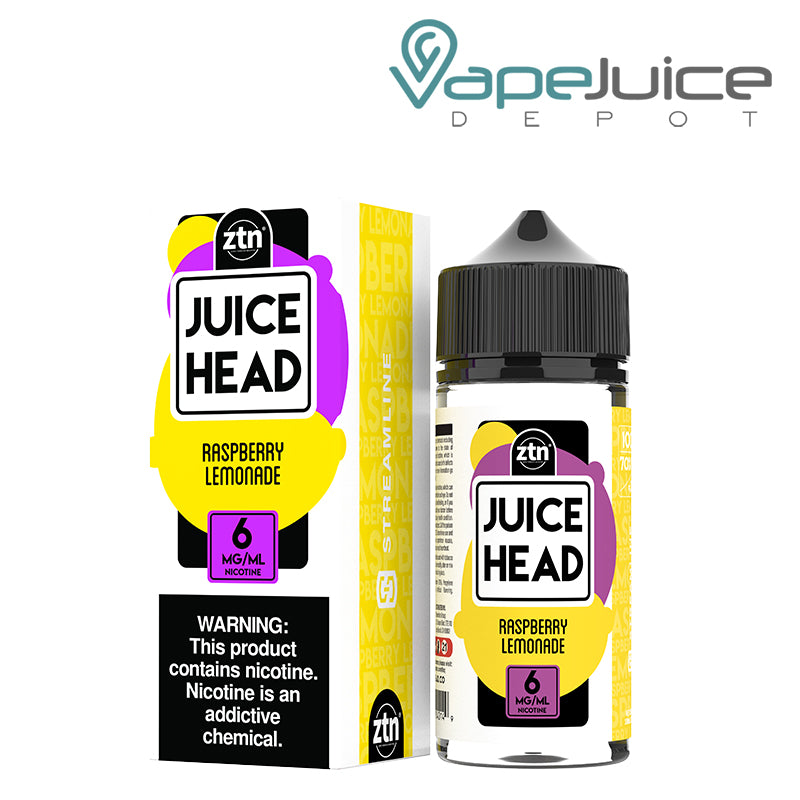 A box of 6mg Raspberry Lemonade Juice Head with a warning sign and a 100ml bottle next to it - Vape Juice Depot