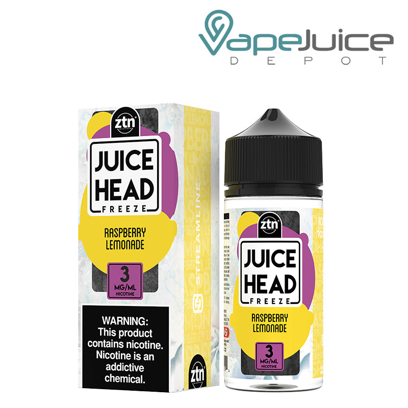 A box of 3mg Raspberry Lemonade Juice Head Freeze with a warning sign and a 100ml bottle next to it - Vape Juice Depot