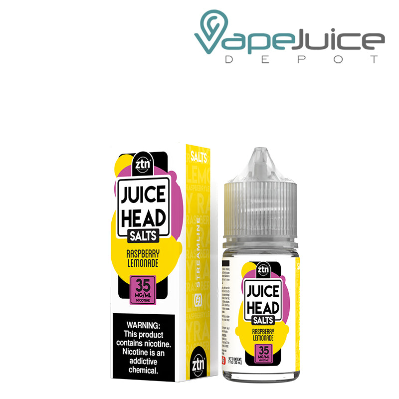 A box of 35mg Raspberry Lemonade ZTN Salts Juice Head 30ml with a warning sign and a 30ml bottle next to it - Vape Juice Depot