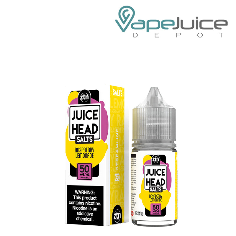 A box of 50mg Raspberry Lemonade ZTN Salts Juice Head 30ml with a warning sign and a 30ml bottle next to it - Vape Juice Depot