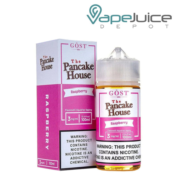 A box of Raspberry The Pancake House and a 100ml unicorn bottle with a warning sign next to it - Vape Juice Depot