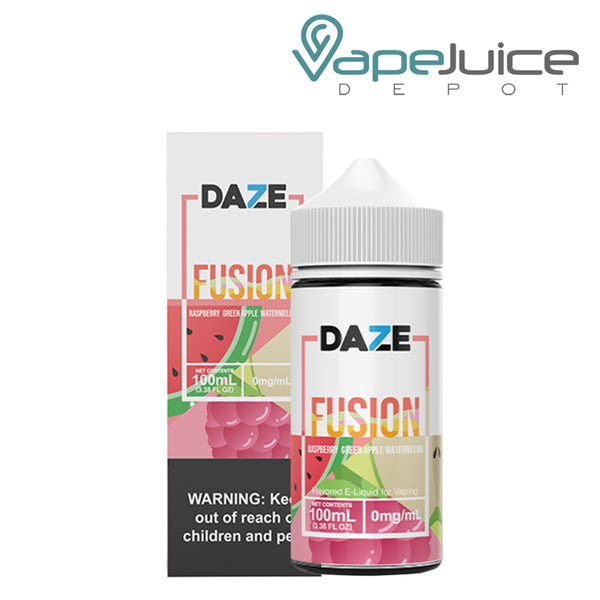 A Box of Raspberry Green Apple Watermelon 7 Daze Fusion with a warning sign and a 100ml bottle next to it - Vape Juice Depot