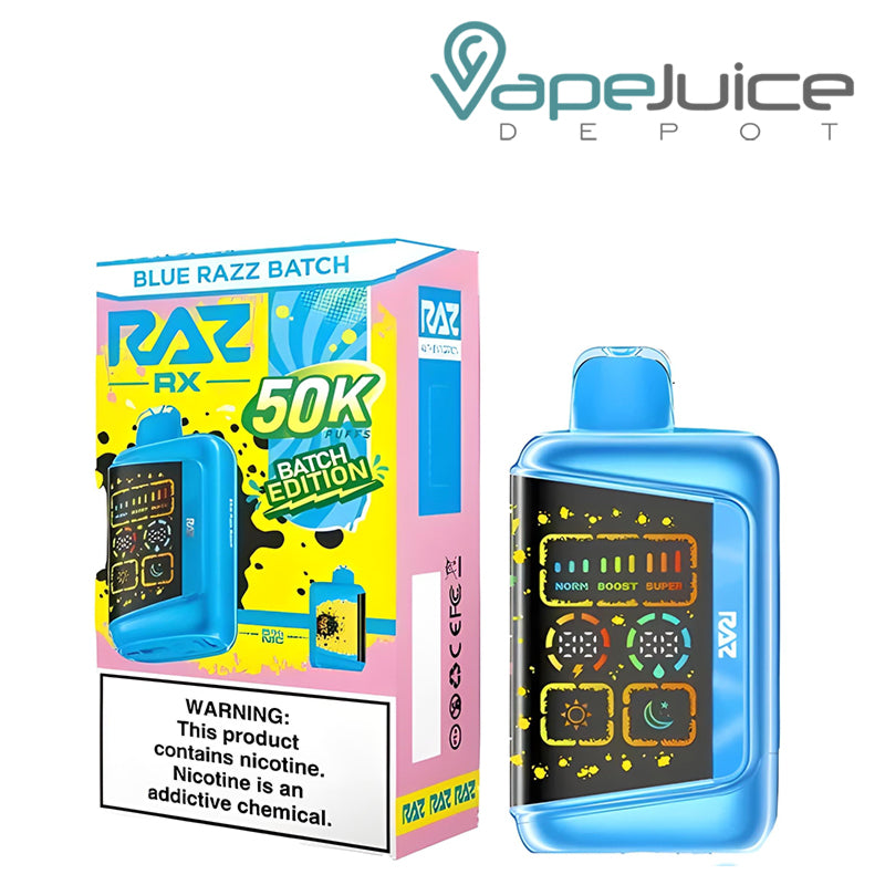 A Box of Blue Razz Batch RAZ RX Batch Edition 50K Disposable with a warning sign and a device with a 3d screen next to it - Vape Juice Depot