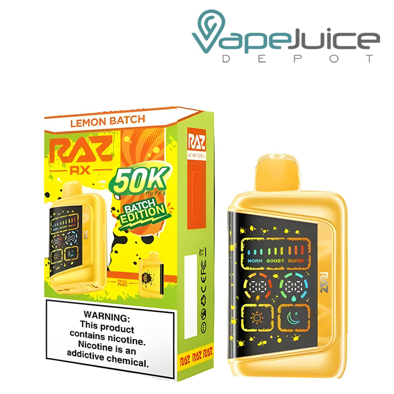 A Box of Lemon Batch RAZ RX Batch Edition 50K Disposable with a warning sign and a device with a 3d screen next to it - Vape Juice Depot