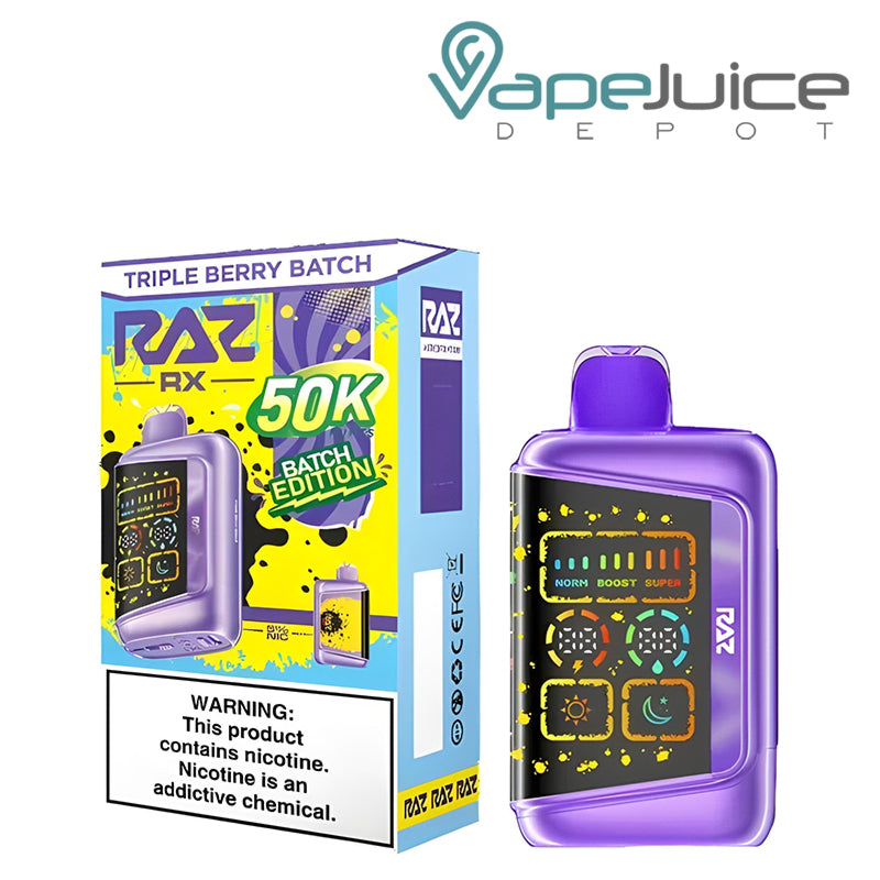 A Box of Triple Berry Batch RAZ RX Batch Edition 50K Disposable with a warning sign and a device with a 3d screen next to it - Vape Juice Depot