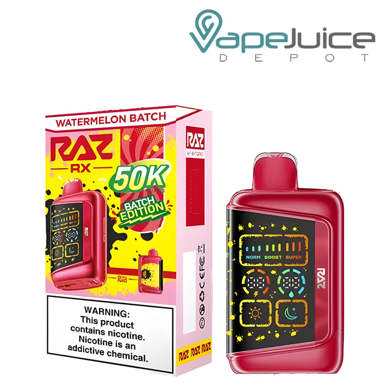 A Box of Watermelon Batch RAZ RX Batch Edition 50K Disposable with a warning sign and a device with a 3d screen next to it - Vape Juice Depot