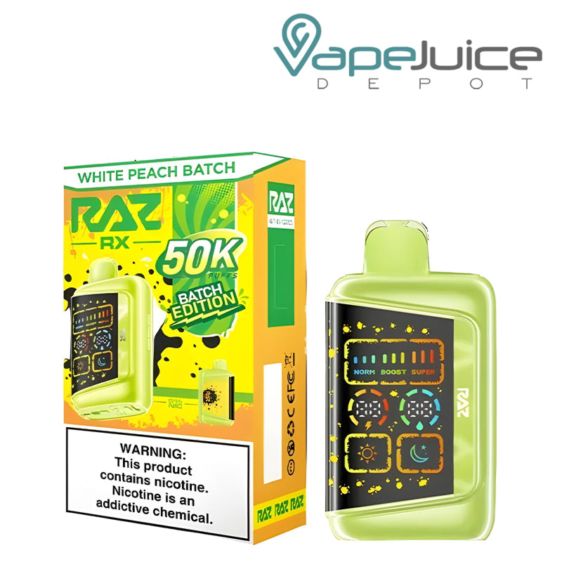 A Box of White Peach Batch RAZ RX Batch Edition 50K Disposable with a warning sign and a device with a 3d screen next to it - Vape Juice Depot
