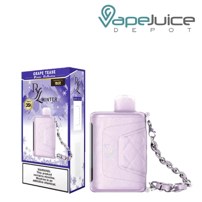 A Box of Grape Tease RAZ RYL Classic 35K Disposable with a warning sign and a device next to it - Vape Juice Depot