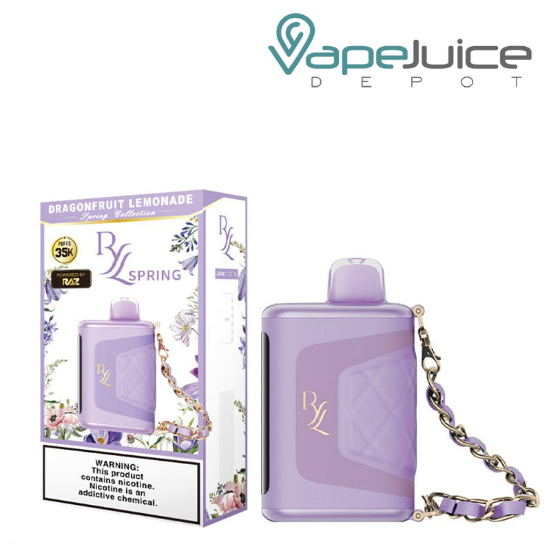 The Box of Dragonfruit Lemonade RAZ RYL Classic 35K Disposable with a warning sign next to its device- Vape Juice Depot